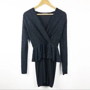 Foreign Exchange Womens Black Floral Lace Peplum V-Neck Long Sleeve Mini Dress S
